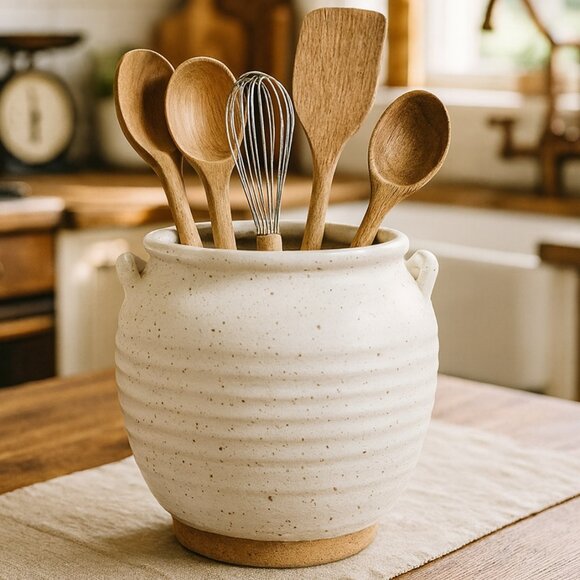 NWT Ivory Farmhouse Style Pottery Textured Rustic Planter Utensil Holder - Picture 2 of 10